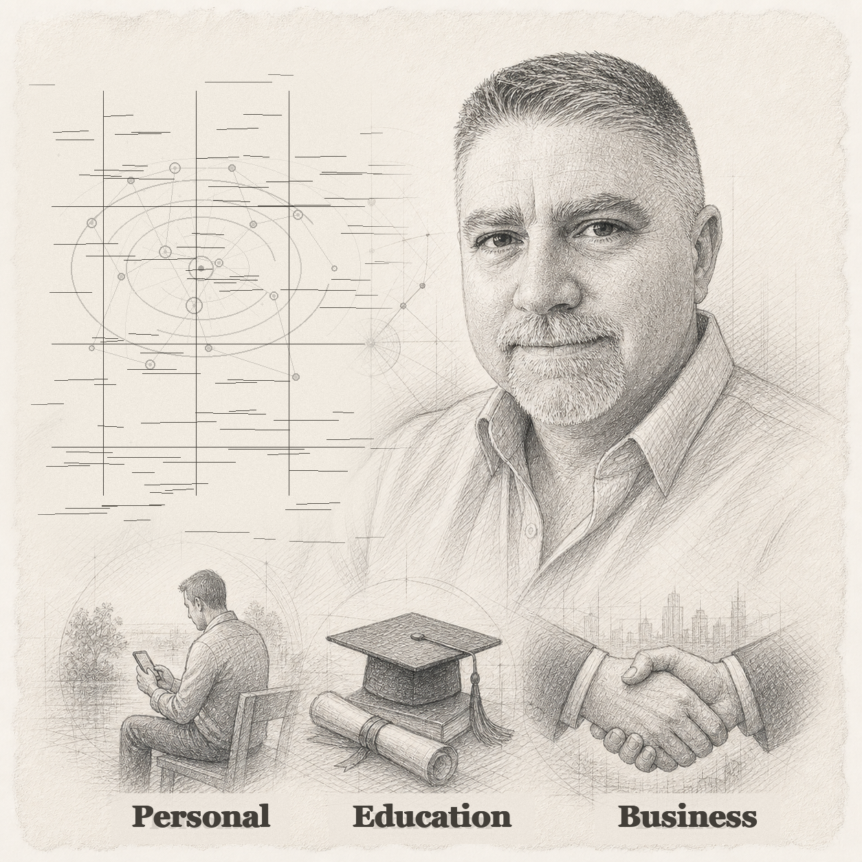 Pencil sketch of Richard Getz with an AI neural network cluster and personal, education, and business service vignettes